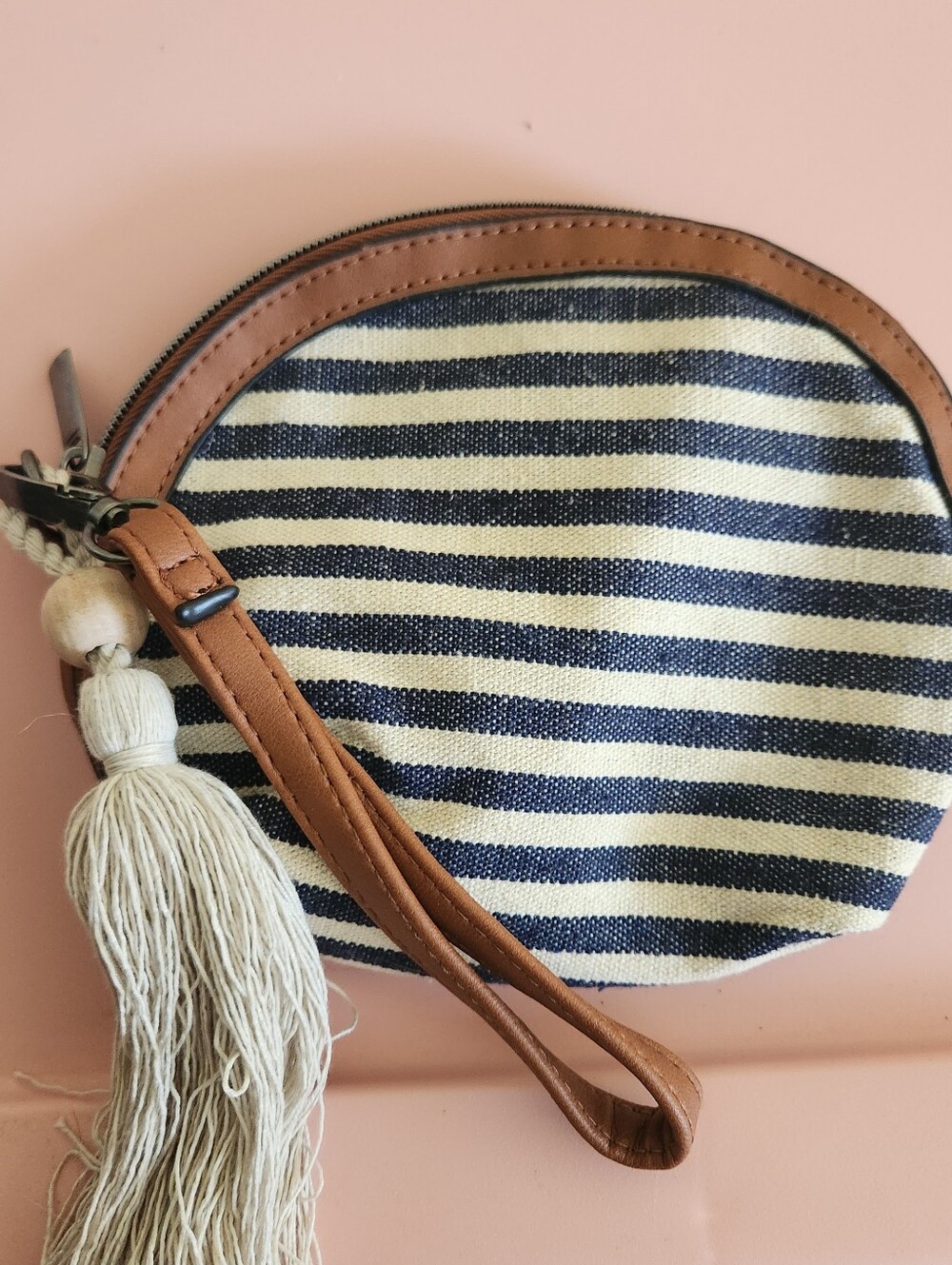 Striped Navy & Cream Wristlet Pouch with Brown Trim